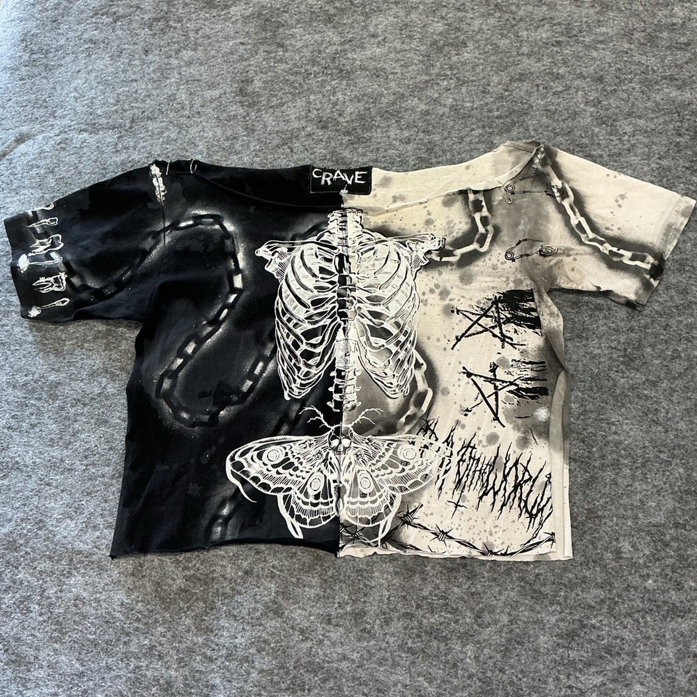 Crave Split Skeleton Graphic Tee Y2K Grunge Goth Butterfly Crop Top